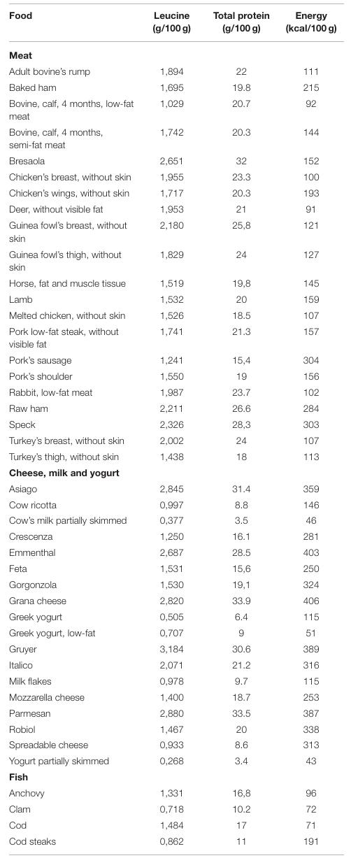 Content in leucine(Leu), protein and energy per 100 g of food (list 1).