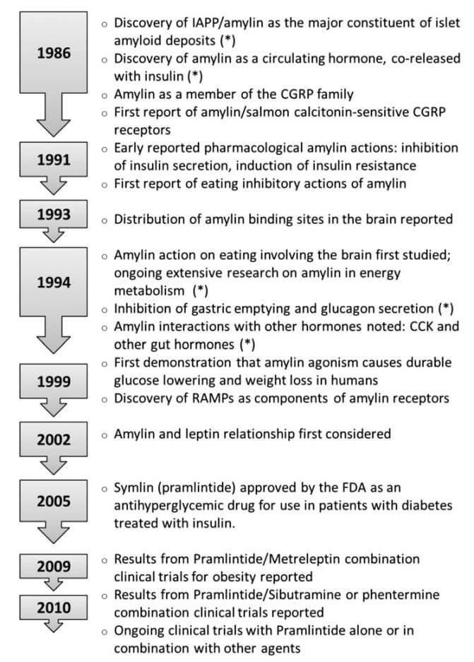 The timeline of major discoveries and achievements in the field of amylin biology.