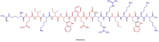 Chemical structure of osmolyte (amino acid residues with cations in blue, hydrophobic structure in red)
