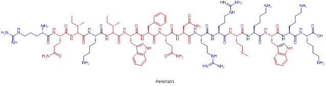 Chemical structure of osmolyte (amino acid residues with cations in blue, hydrophobic structure in red)